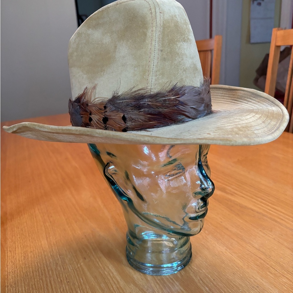 Vtg Lanning Western Cowboy Hat with Feather Band, 7-7 1/2, Tan Felt